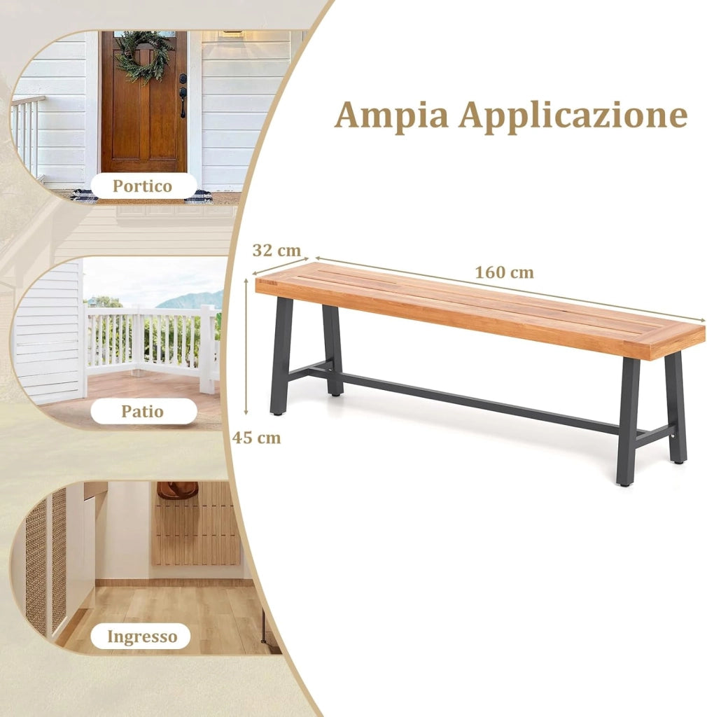 Set di 2 Panchine da Giardino in Legno di Acacia a 3 Posti, Panca da Esterno Senza Schienale con Gambe in Metallo, Panca Capacità di 360 kg per Ingresso, Cortile e Balcone, 160 x 32 x 45 cm