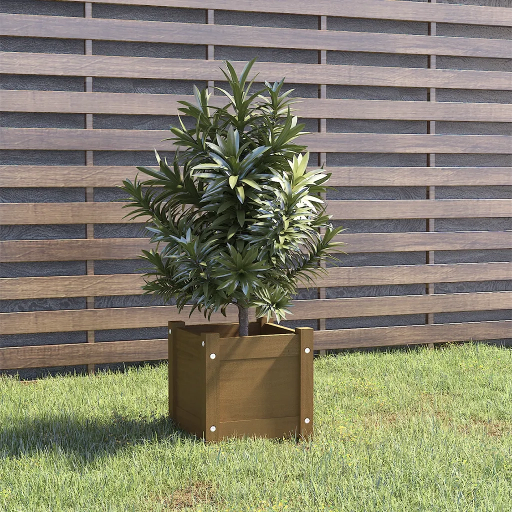 Fioriera | Cassetta per fiori | Vaso Giardino Marrone Ambra 31x31x31 cm Legno Massello Pino