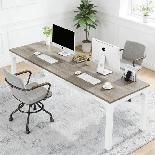 Scrivania rettangolare per computer per 2 persone, 200x70 cm, struttura in metallo e legno, taupe/bianco