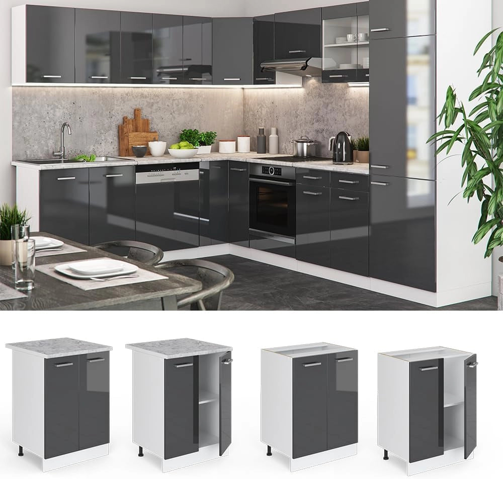 Mobiletto base cucina R-Line, Antracite lucido, 60 cm senza piano di lavoro, per la libera combinazione all'interno di sistemi cucina modulari