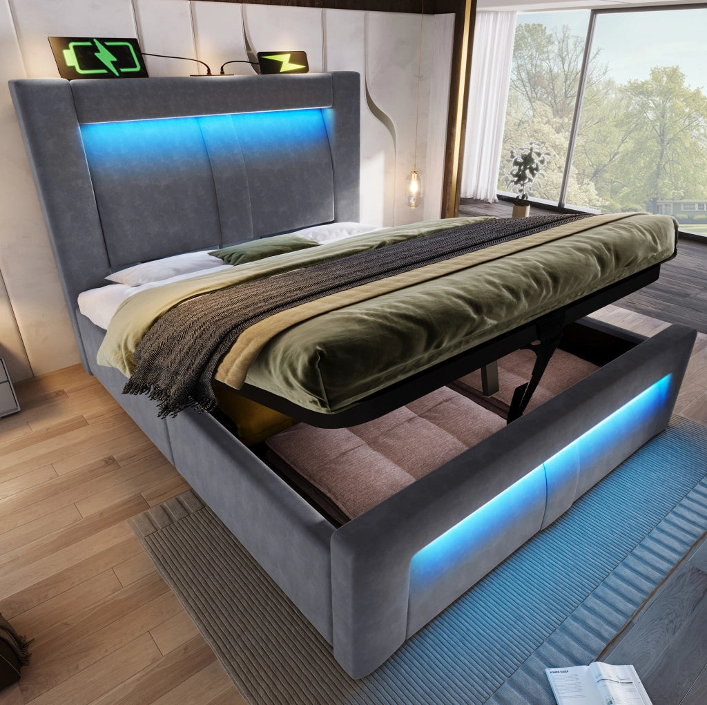 Letto singolo 90x200 cm con contenitore, LED e prese di ricarica, con materasso