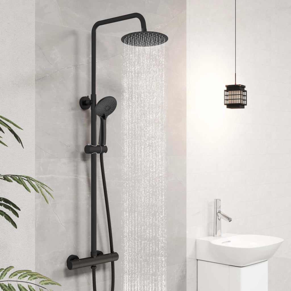 Colonna doccia termostatico finitura nera matte, cartuccia in ottone, materiale inox AISI 304, rubinetteria bagno moderna