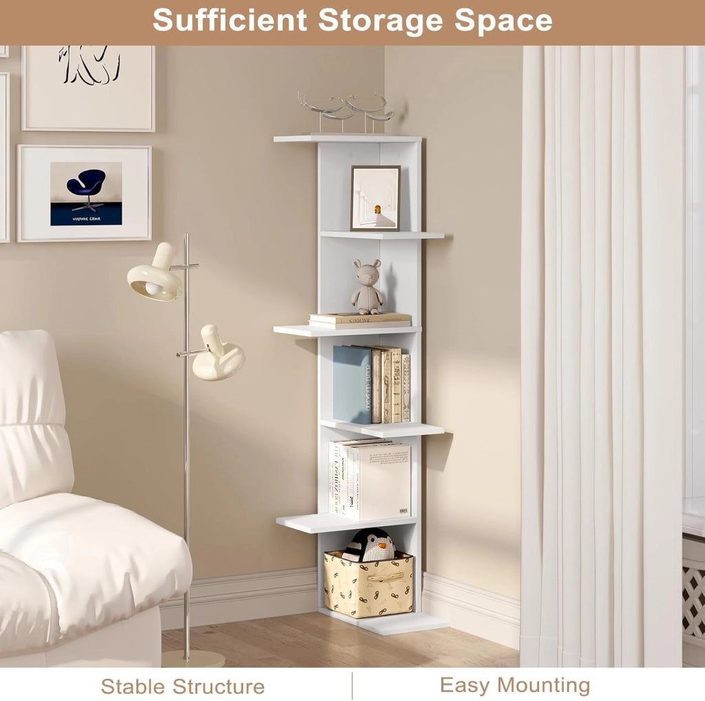 Libreria ad Angolo, Scaffale Bianco a 6 Ripiani Aperti e Sfalsati, Scaffale Portaoggetti per Soggiorno, Camera da Letto, Ingresso, 37x37x140cm