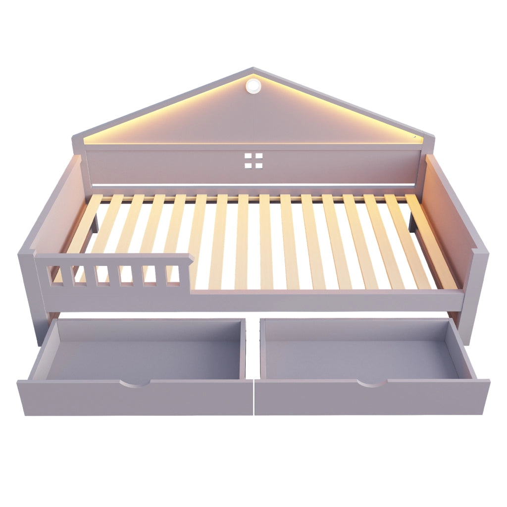 DESMIU Letto Singolo 1 Posto con 2 Cassetti e Barra Luminosa, Superficie Letto 90 × 200 cm, Senza Materasso, Grigio