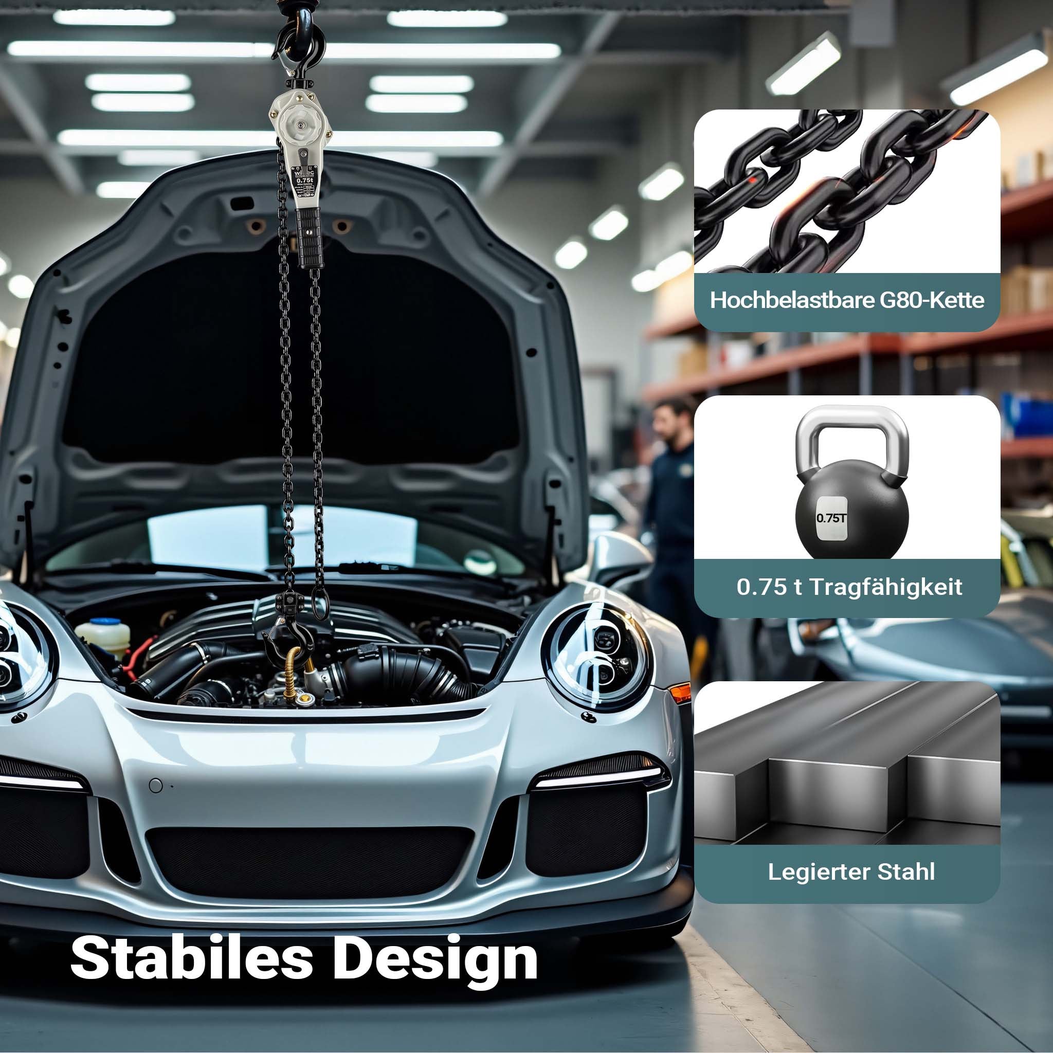 Paranco a leva 0,75 t x 1,5 m, paranco a catena compatto con impugnatura girevole a 360°, per lavori di sollevamento in spazi ristretti