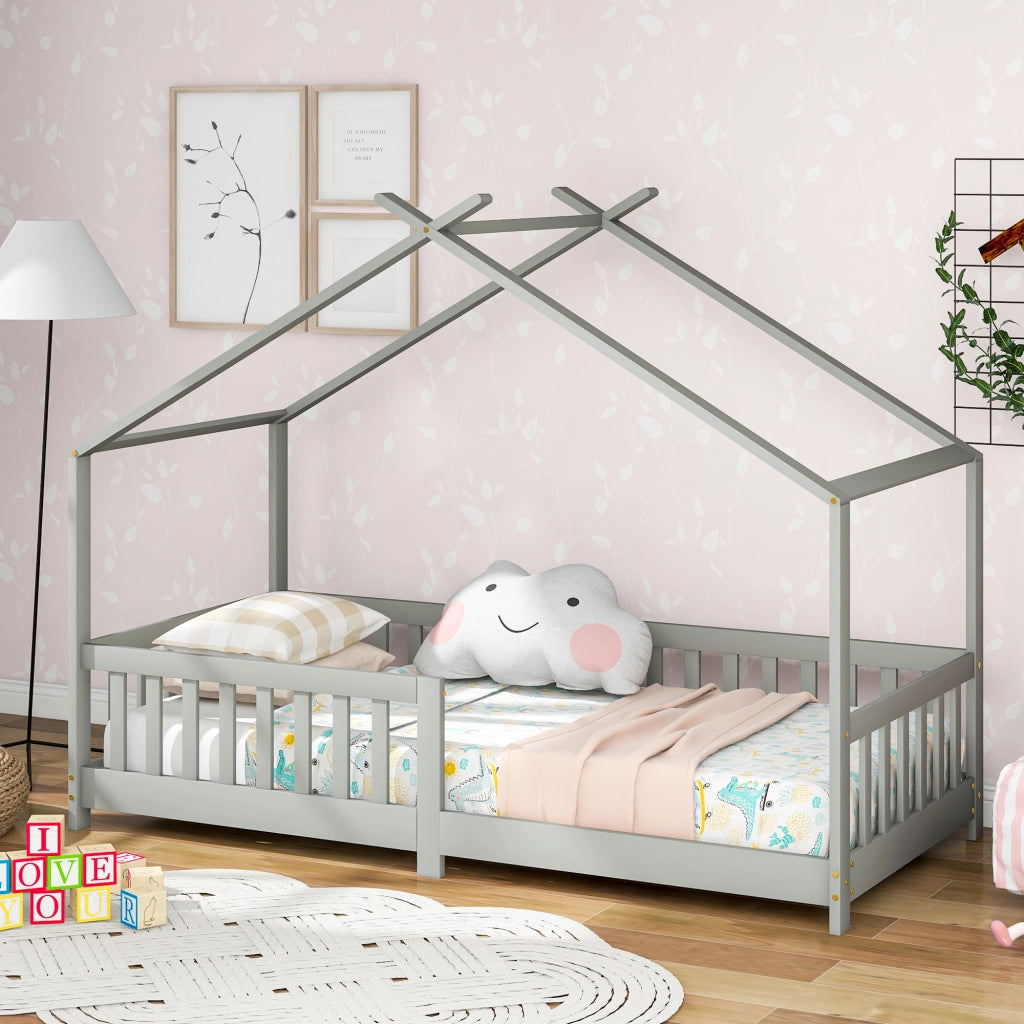 Letto Casetta 90x200 cm - con Sponde di Sicurezza e Vano Sottoletto - in Legno - Grigio