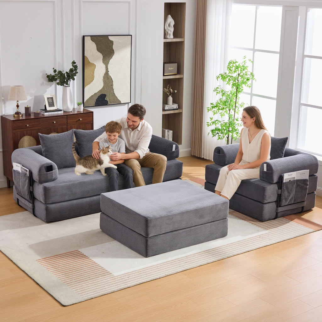 DIVANO Modulare in velluto a coste grigio scuro con pouf e 3 cuscini