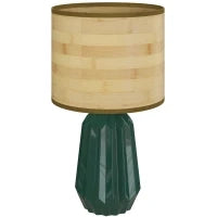 Lampada da Tavolo con Base in Ceramica e Paralume in Lino Stile Retrò 40W Verde e Legno Naturale