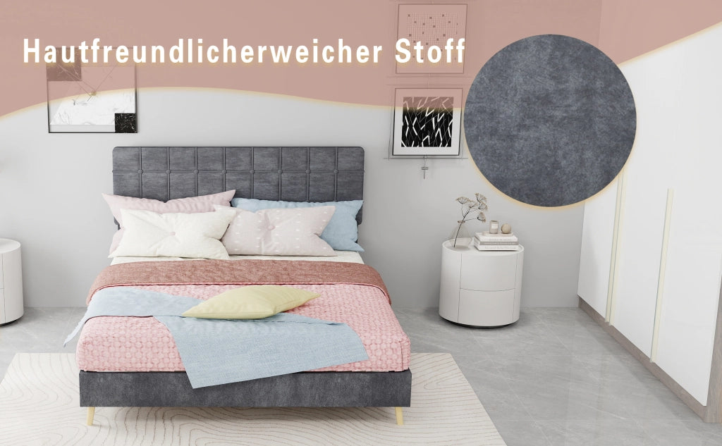 Letto matrimoniale 140 × 200 cm con testiera imbottita a quadri, struttura stabile, senza materasso, grigio