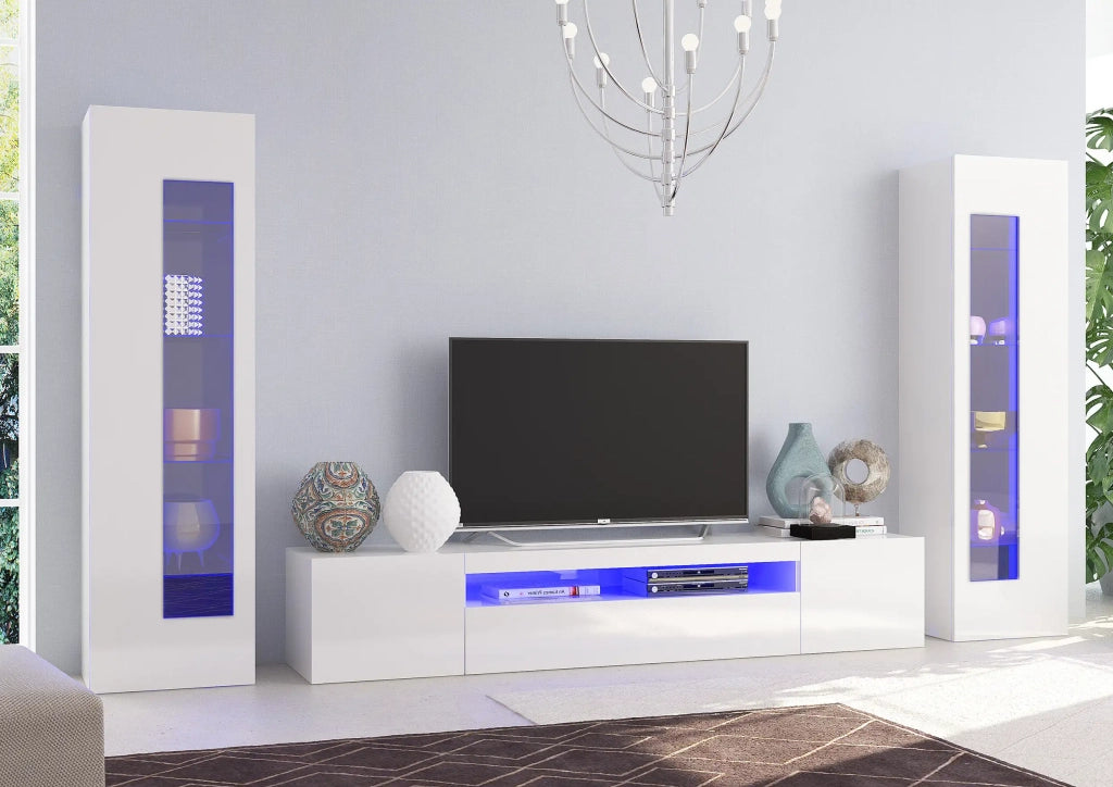 Parete attrezzata soggiorno con porta TV e 2 vetrine bianco lucido Daiquiri
