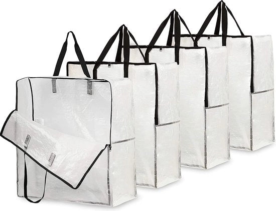 Sistema di Stoccaggio per Garage, Zona di Deposito o Sottoletto, Soluzioni di Stoccaggio per Abbigliamento, Cuscini e Tende, Pacchetto da 4 Borse Grosse di Vetro trasparente con Cerniera per Protezione contro la Polvere durante il Trasporto di Mobili.