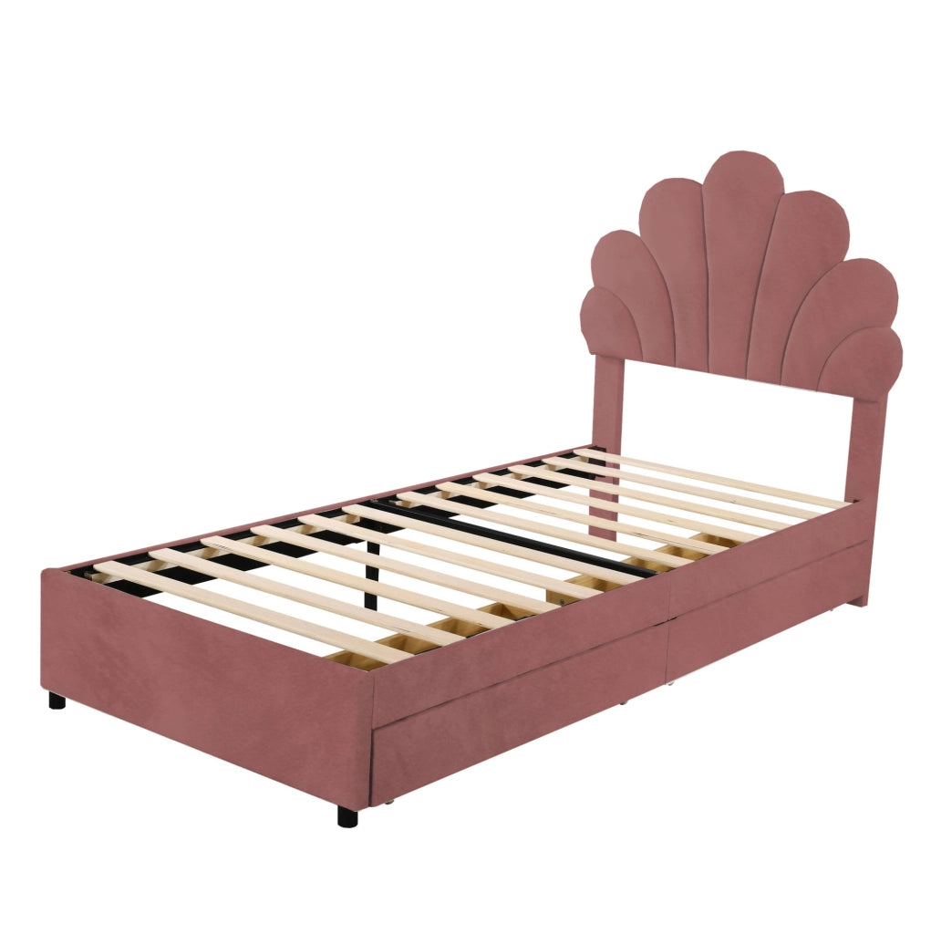 Letto imbottito 90x200 cm; 2 cassetti; velluto; rosa (Senza materasso)