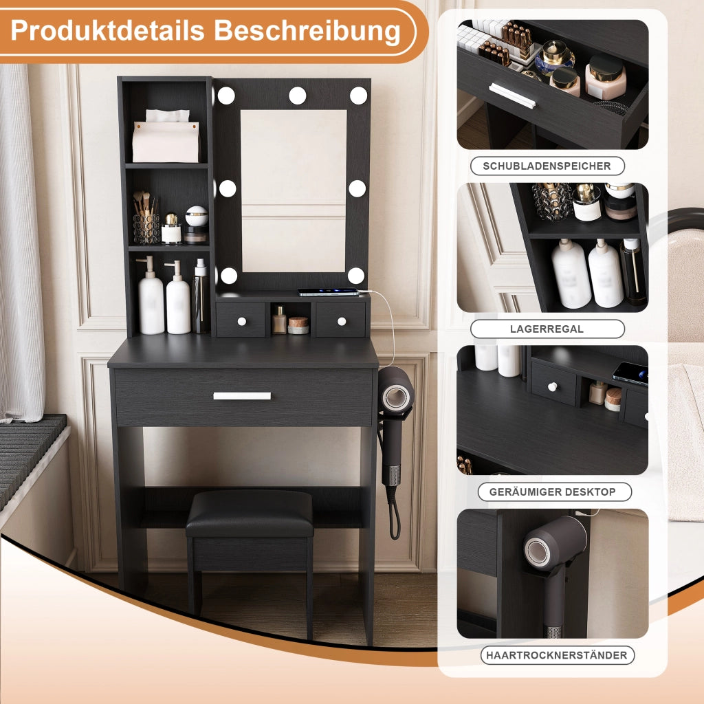 Tavolo da toeletta compatto con specchio LED regolabile; presa; porta asciugacapelli; sgabello imbottito; cassetti e mensola; Nero; B60×H131;5×P38cm