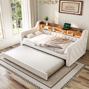 Divano letto estraibile 90x190 cm in velluto beige con LED e USB-C