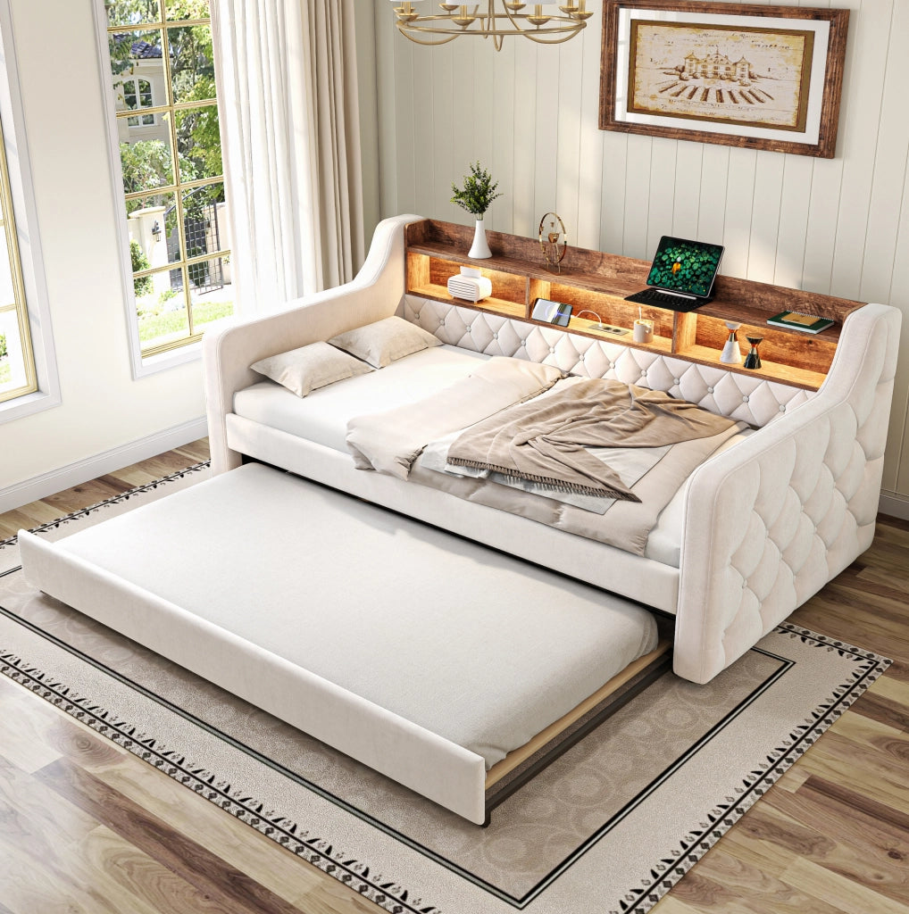 Divano letto estraibile 90x190 cm in velluto beige con LED e USB-C