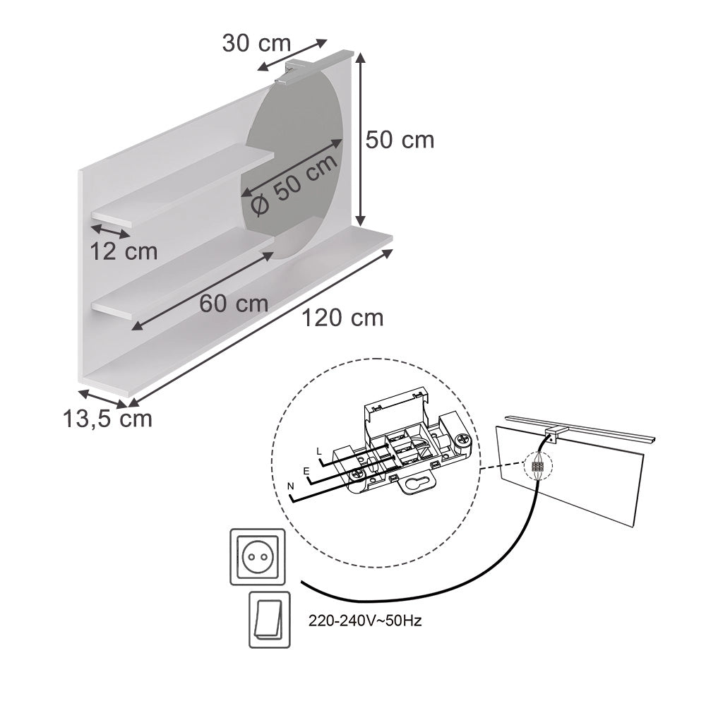 Vicco Specchio con mensola Bianco 120 x 50 cm con 3 scomparti aperti