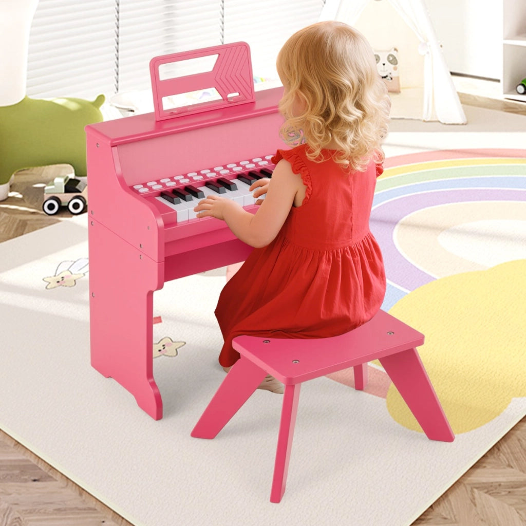 Mini tastiera pianoforte per bambini a 25 tasti con sgabello, Mini pianoforte digitale in legno con velocit¨¤ regolabili Rosa