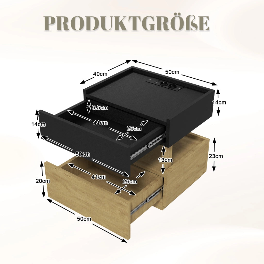 Comodino con ricarica wireless, LED e 2 cassetti per camera da letto, nero e naturale 50 × 40 × 50 cm