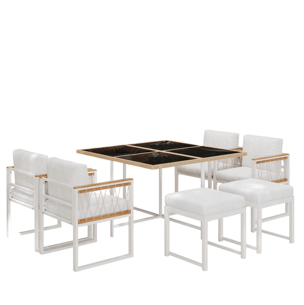 Set da pranzo da esterno 6 posti con tavolo 117x117 cm; vetro temperato e dettagli rattan