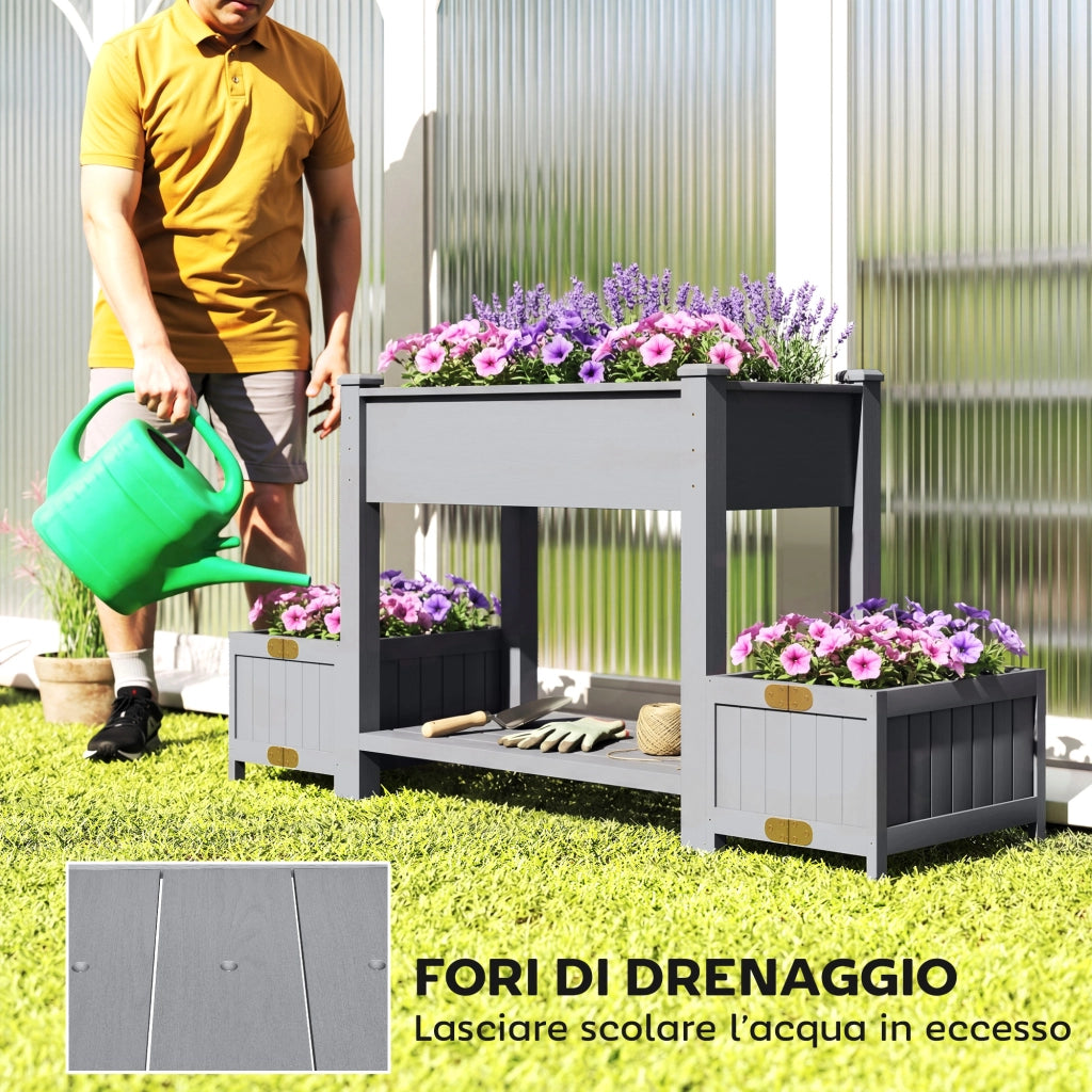 Fioriera Rialzata con Vasi e Ripiano ¨C zephmum ¨C Legno di Abete Grigio 149x46x76