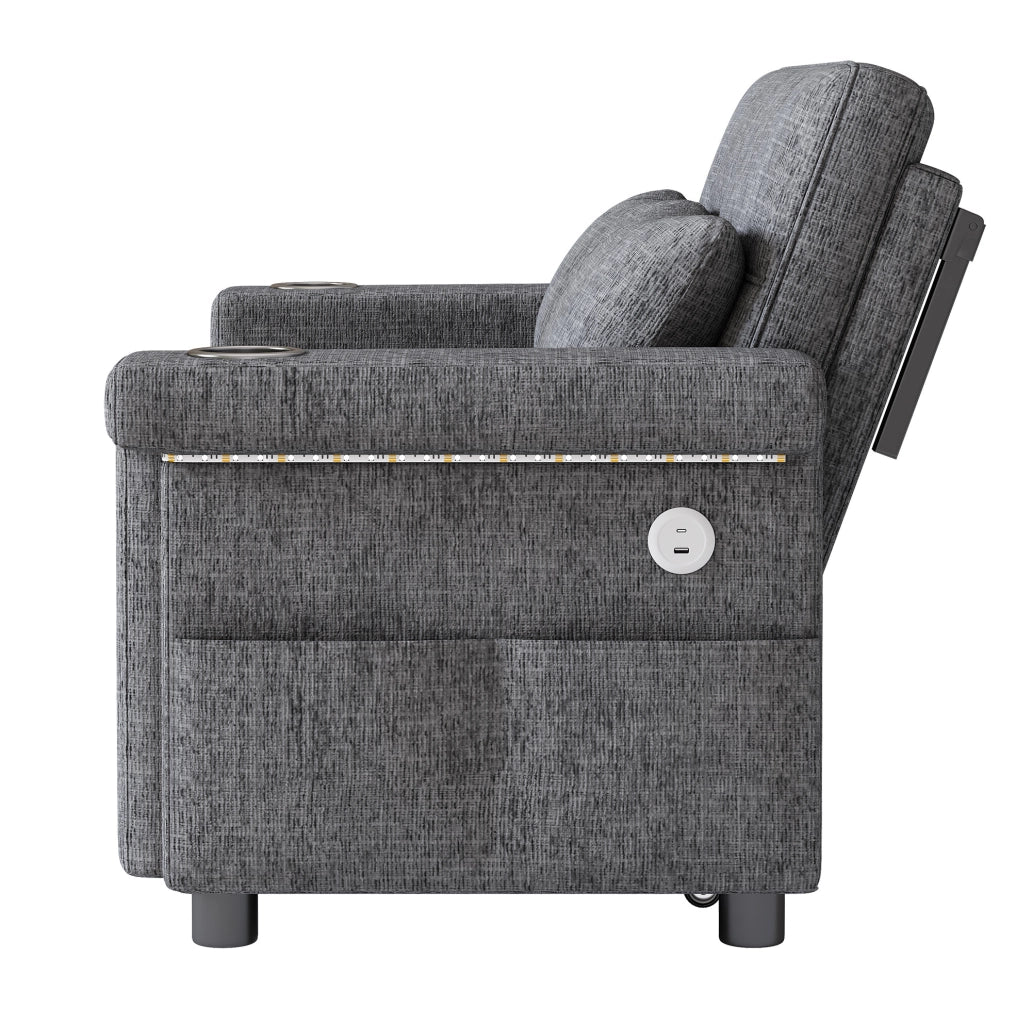 Sofa 2 posti con funzione letto; LED; USB/Type-C; schienale regolabile; Chenille grigio 145x141;5x90 cm