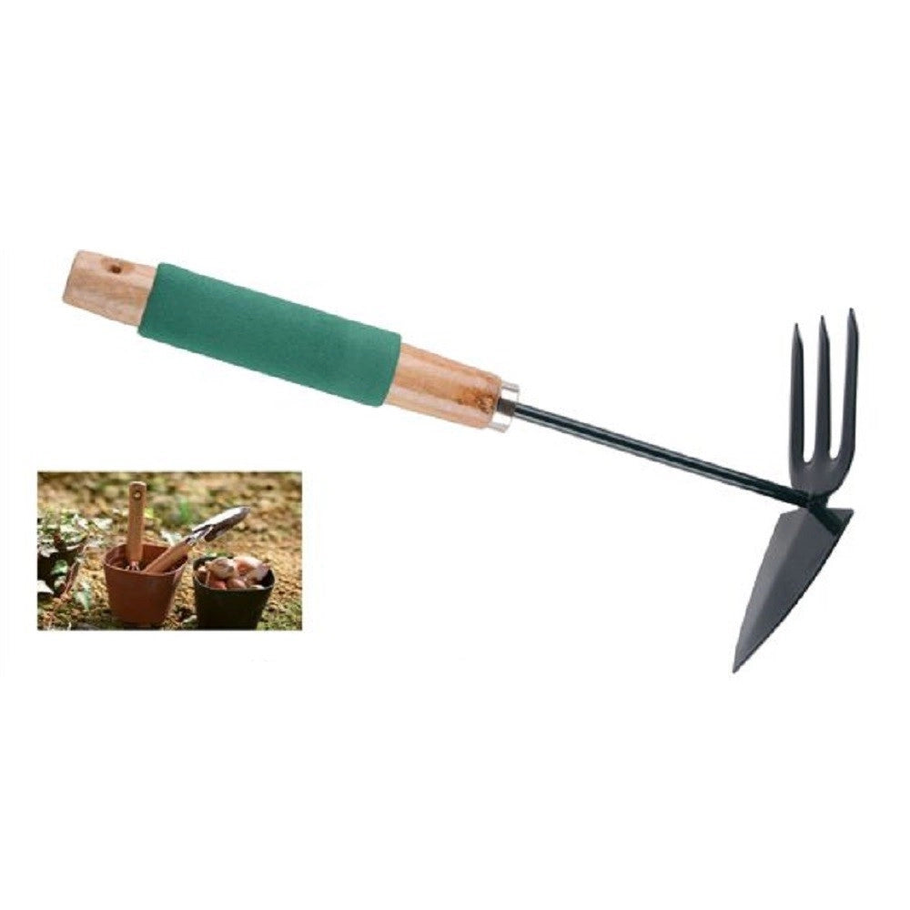 Trade Shop - Mini Rastrello Punta Con Tridente 30cm In Metallo Impugnatura Legno Spugna 90054 -