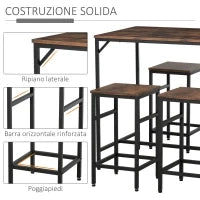 Set Tavolo Alto con 4 Sgabelli Stile Industriale in Metallo e Legno, Arredamento Moderno Soggiorno e Cucina, Marrone Rustico