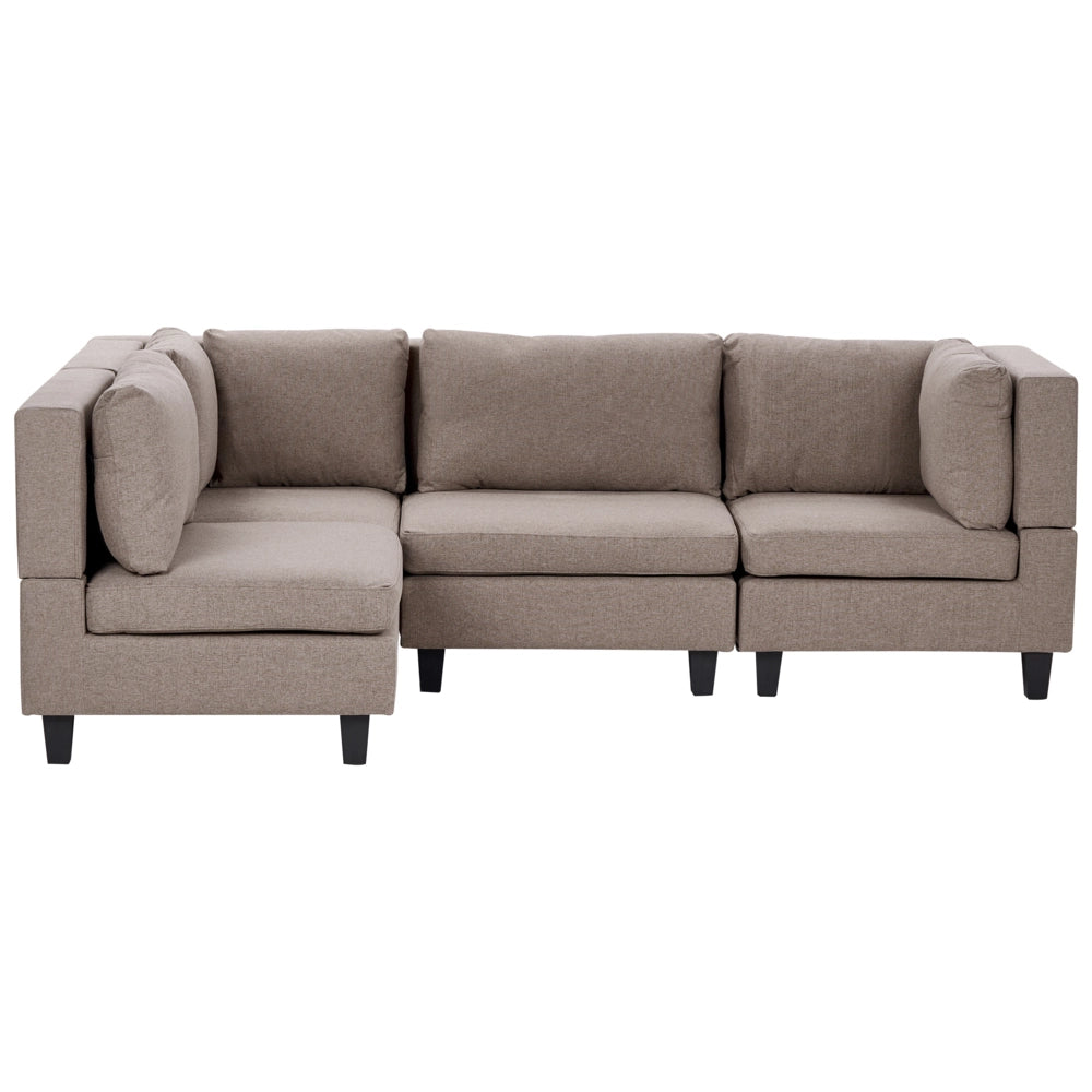 Divano componibile 4 posti imbottito in tessuto marrone gambe nere schienale imbottito lato destro stile moderno