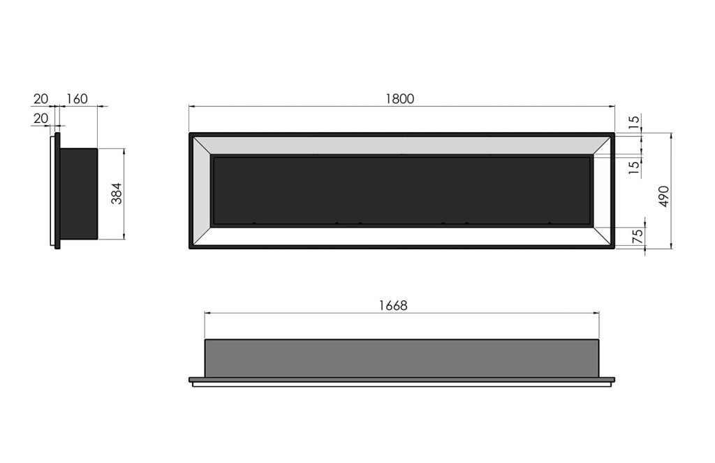 Camino a Bioetanolo da Parete/Incasso 180x49 cm Frame 1800 Bianco con Vetro
