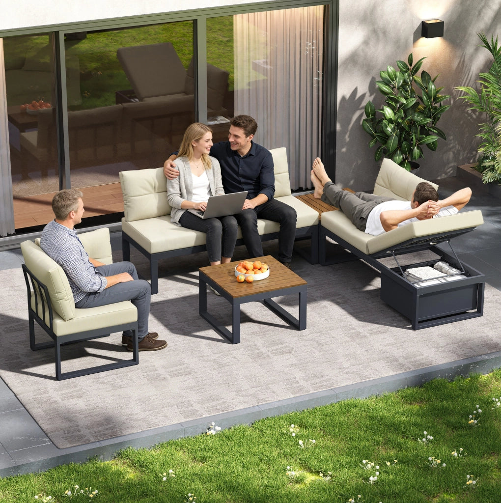 Set salotto da giardino modulare con seduta reclinabile a 3 posizioni; 191;5x191;5x79 cm; beige in poliestere
