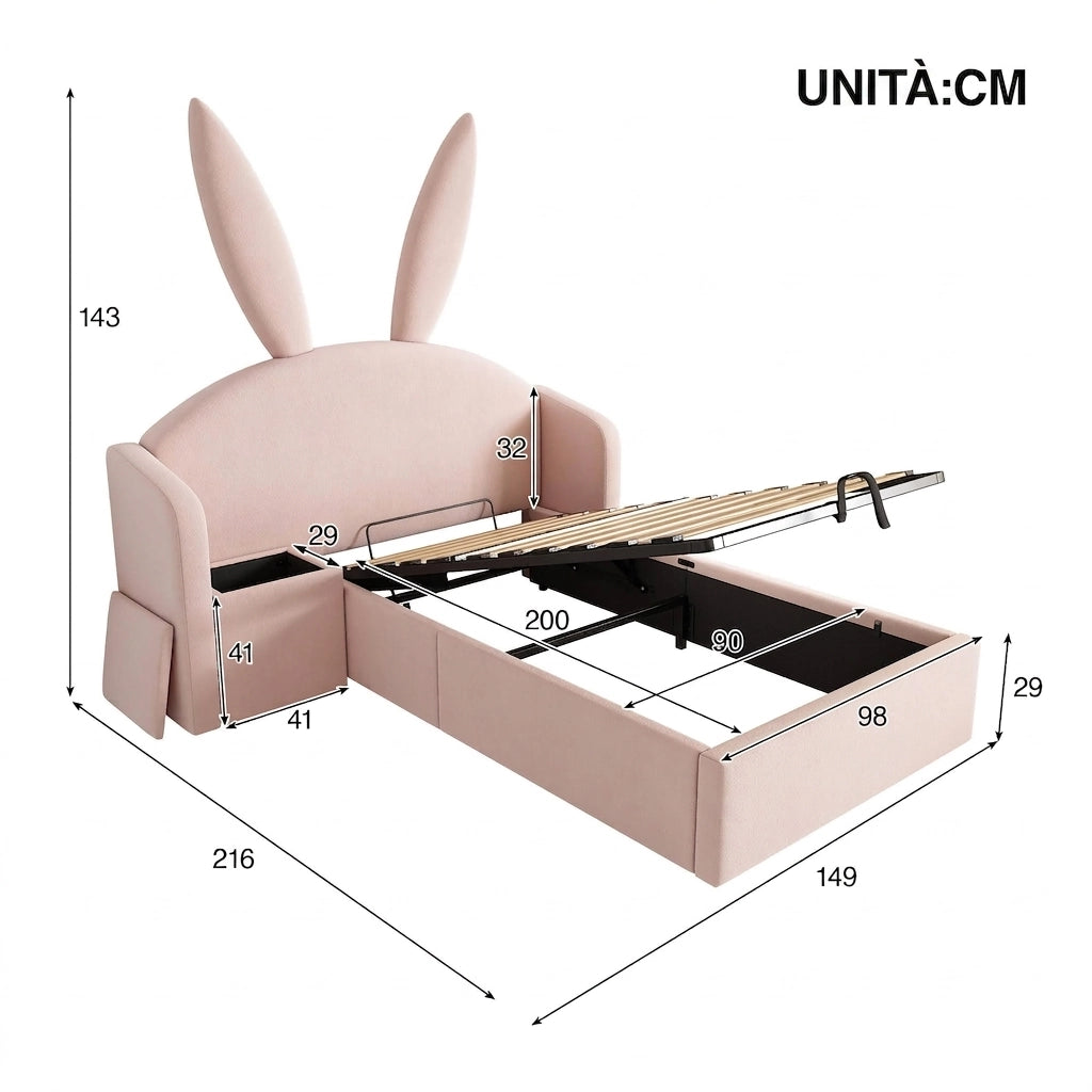 Letto singolo 90x200 con contenitore e comodino; design orecchie da coniglio; in velluto; rosa
