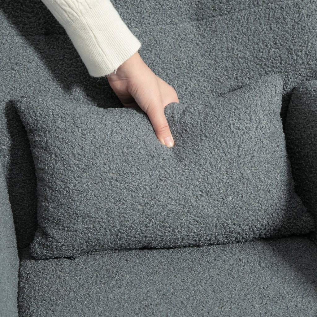 Poltrona a dondolo in tessuto teddy grigio con tasca laterale e struttura in metallo, 67x95x100 cm