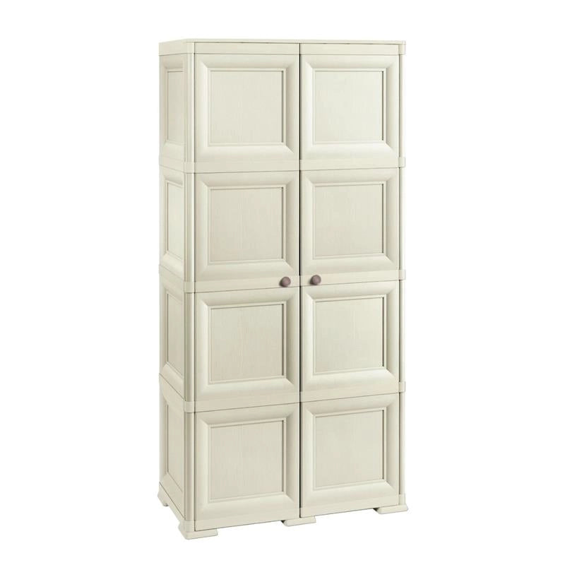 ARMADIO 4 MODULI IN PLASTICA 79X43X164 CM – MOBILE CONTENITORE MULTIUSO PER SALOTTO, PERGOLATO E BALCONE COPERTO, DESIGN CLASSICO EFFETTO LEGNO
