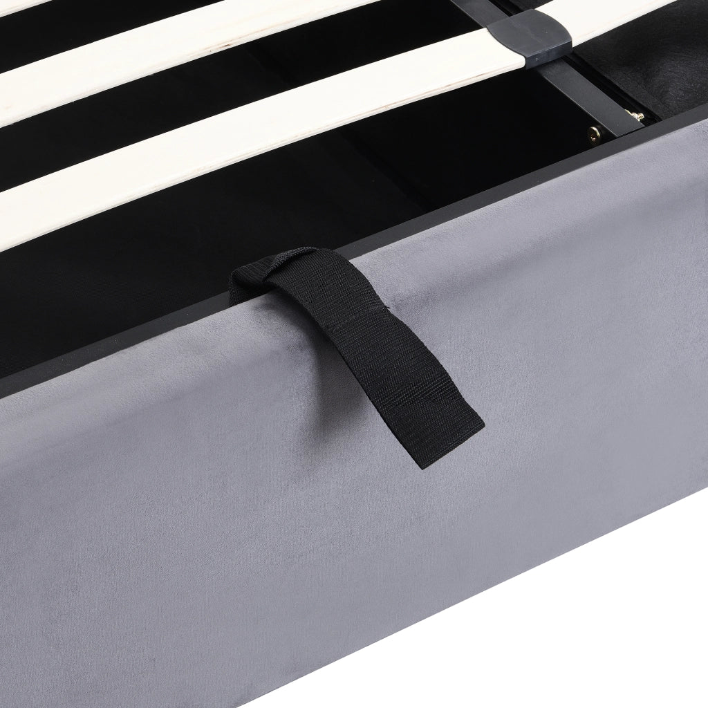 Letto imbottito 160x200 cm in velluto grigio con contenitore, 3 cassetti, testiera regolabile e rete a doghe