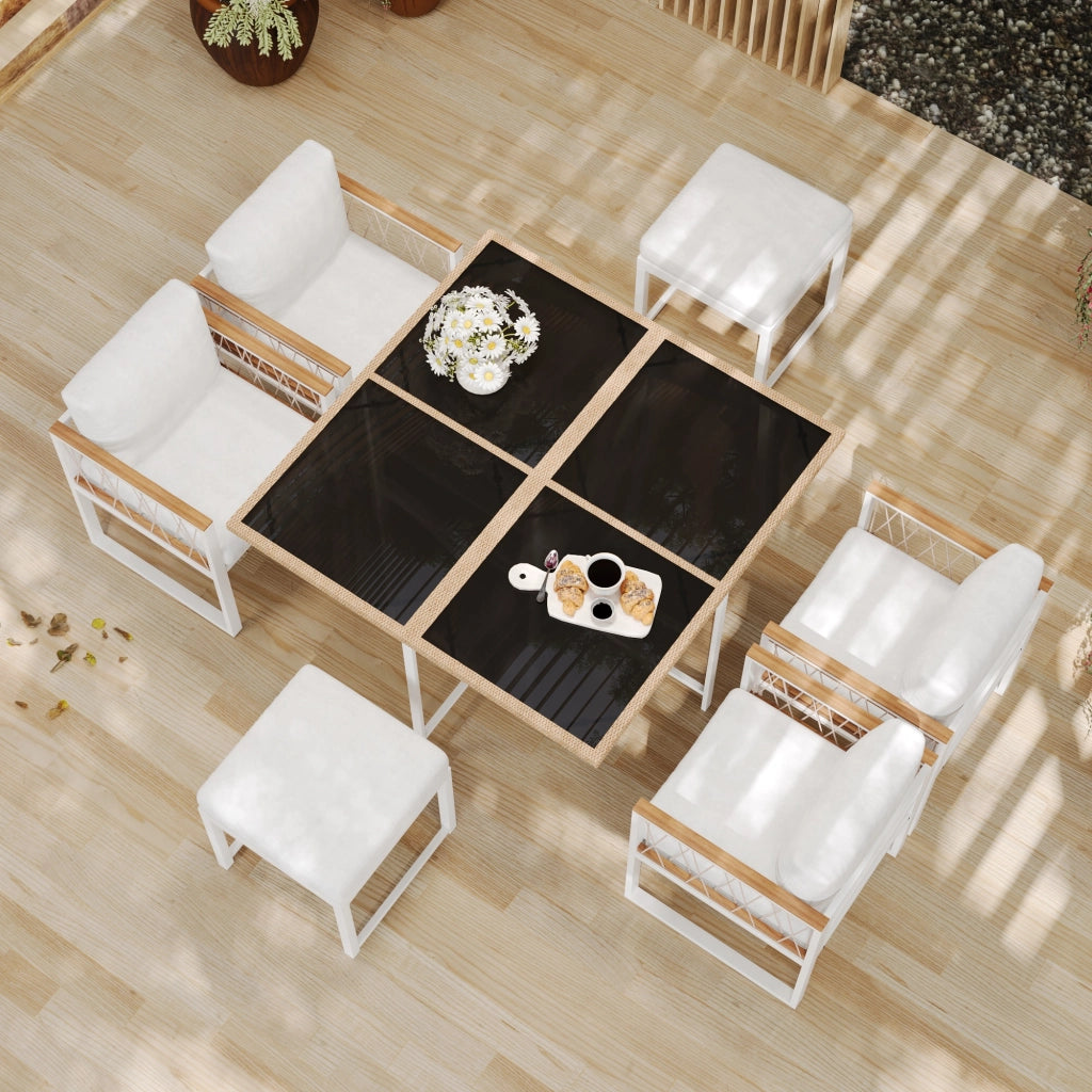 Set da pranzo per esterni da 6 posti con tavolo quadrato, 4 sedie e 2 pouf, struttura in acciaio, nero e bianco
