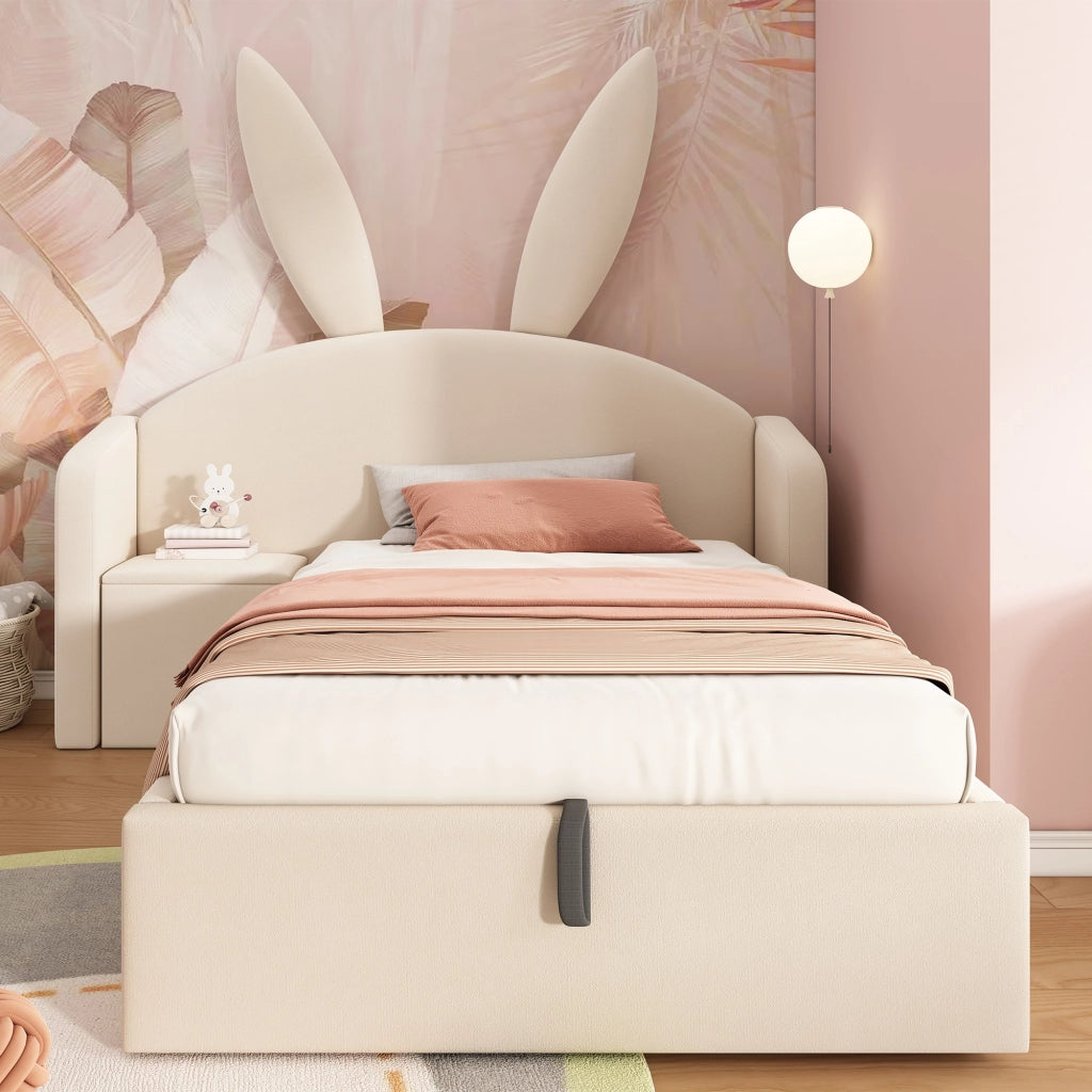 Letto per bambini 90x190 cm, letto idraulico con contenitore, testiera imbottita, forma a orecchie di coniglio, tessuto in velluto, beige