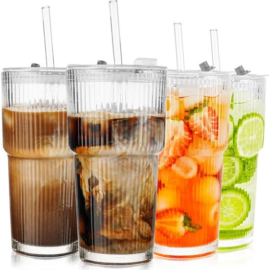 Set di bicchieri in vetro da 600 ml - 4 pezzi - Vetro a rilievo - Coperchio ermetico - Manico antiscivolo con manico in rame - Riette riciclabili