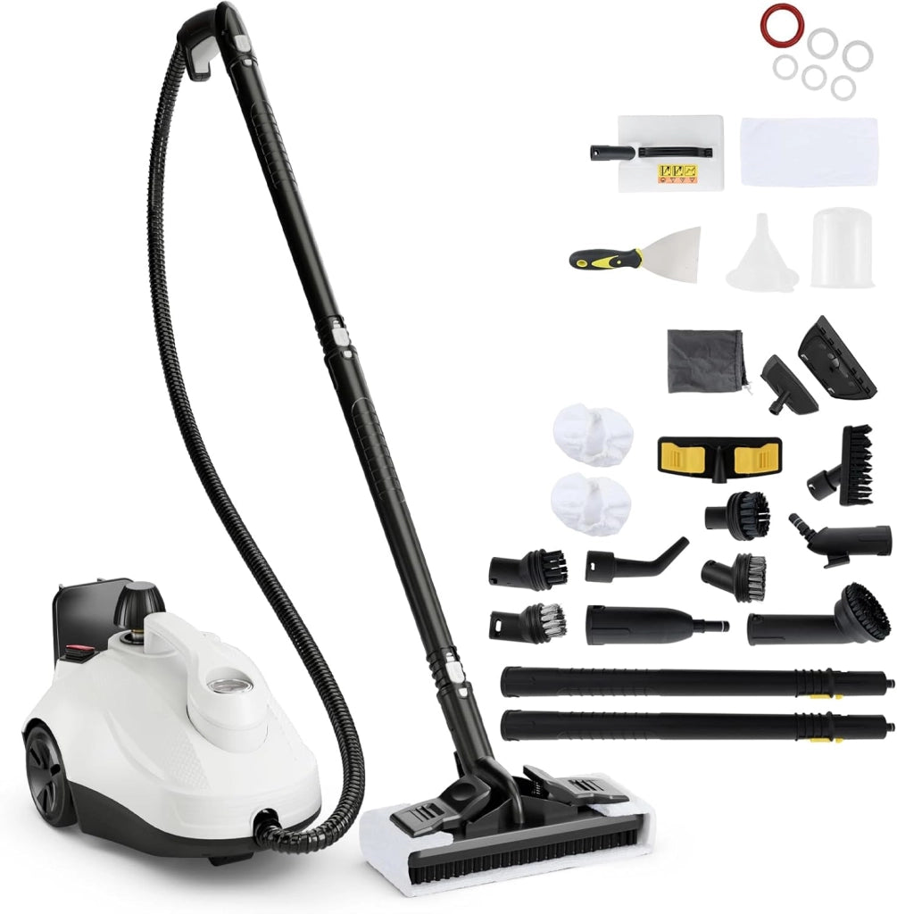 Pulitore a vapore a mano 2000 W, pressione vapore: 5 bar, max. 160℃, Tempo di Preriscaldamento: 8-10 Min, Serbatoio d'acqua: 1,8L, con 19 Accessori, per Divano, Pavimento, Finestra, Cucina