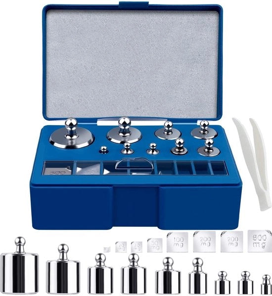 Set di Bilanci di Calibrazione 17 pezzi - Acciaio Inossidabile - Precisione +/- 0.003g - Incluso Pinza - Scatola di Conservazione - Peso Totale 211,1g - Set di Bilanci