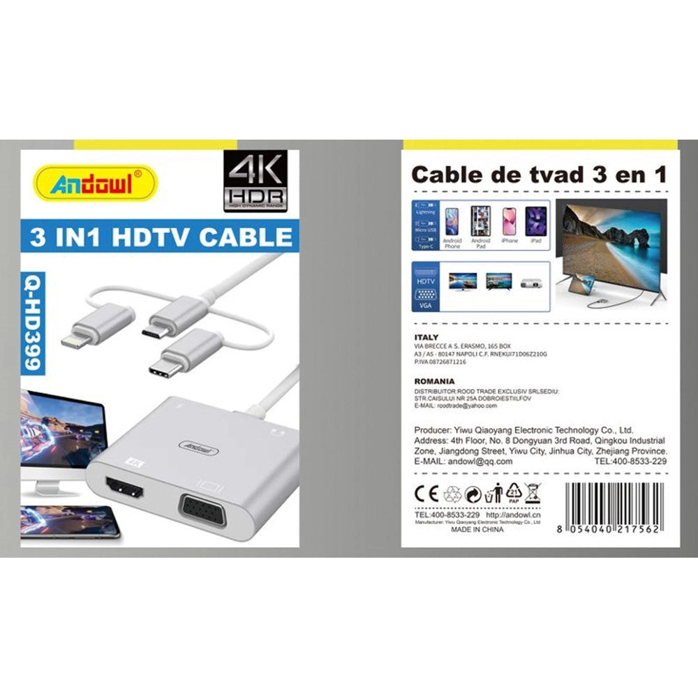 Trade Shop - Cavo Hdtv 3in1 Adattatore Convertitore Hdmi Maschio-hdmi Femmina Risoluzione 4k Hdr Q-hd399 -