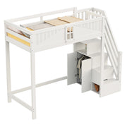 Letto a soppalco 90x200 cm con scala reversibile e ripiani in pino; MDF e compensato; bianco