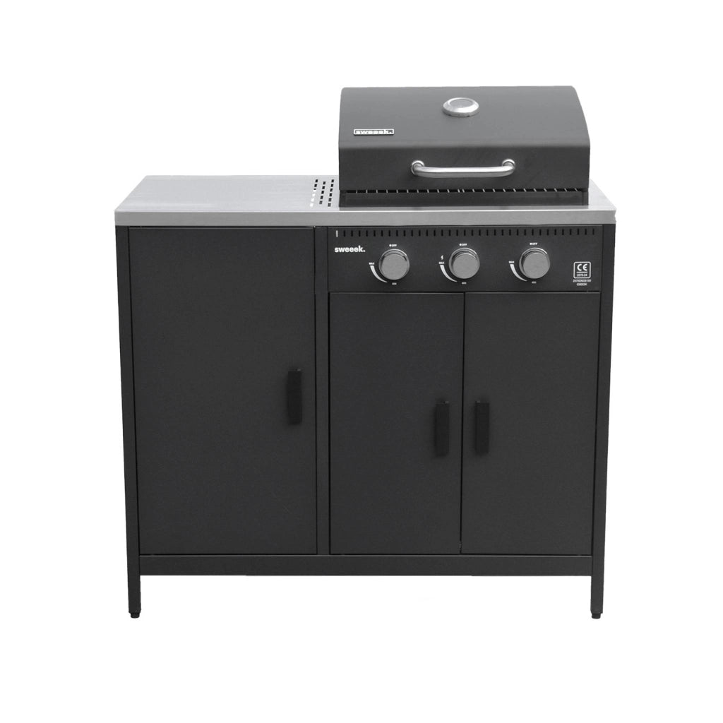 Barbecue a gas 3 bruciatori, 3 ante, 2 spazi di stoccaggio, nero