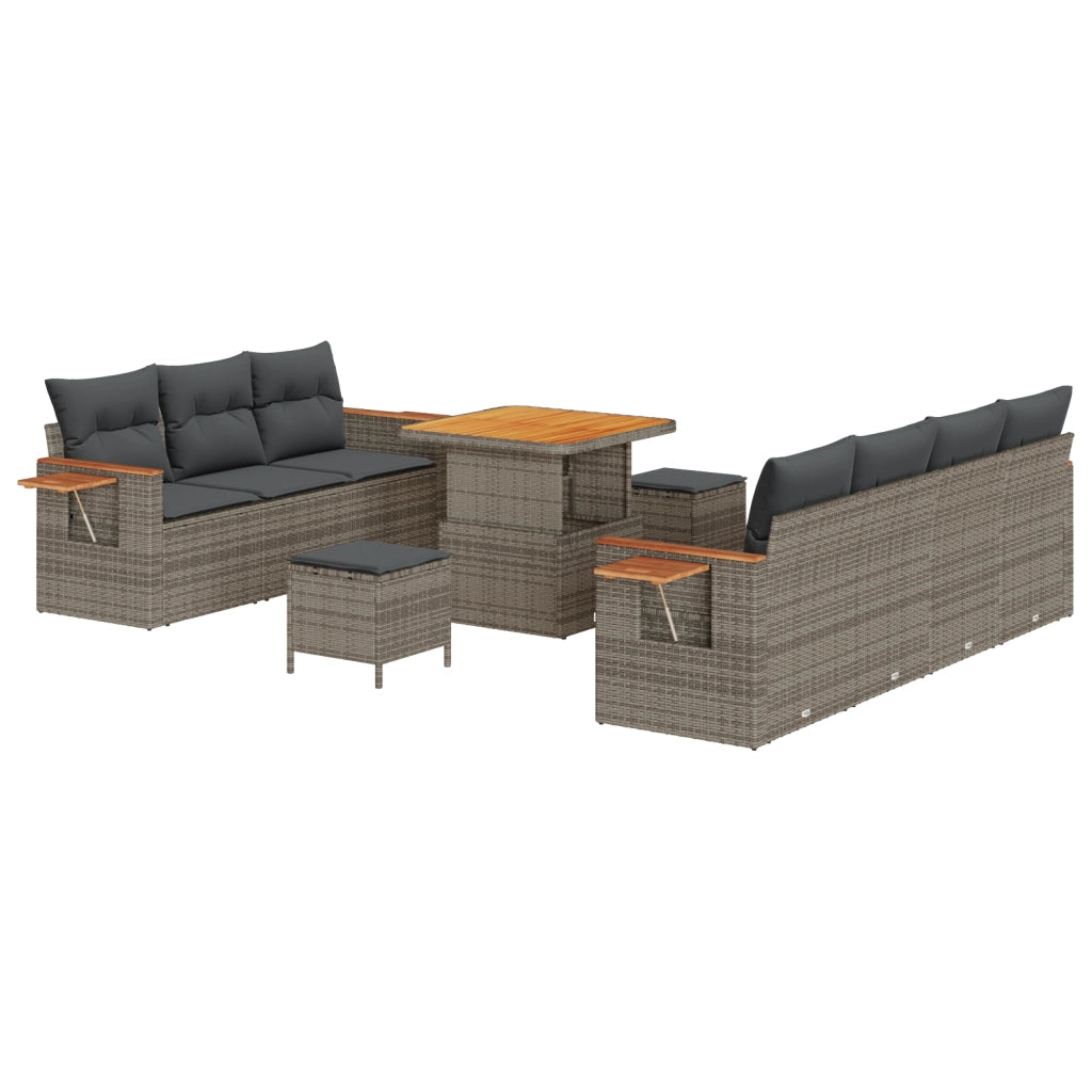 Set di Divani da Giardino a 10 Pezzi con Cuscini Grigio Polyrattan Acacia