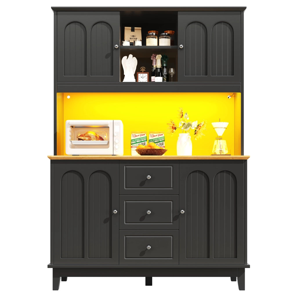 Credenza Alta da Cucina con 4 Ante; 3 Cassetti; LED e USB; per Cucina o Soggiorno; in MDF; Nero; 120 x 40 x 180 cm