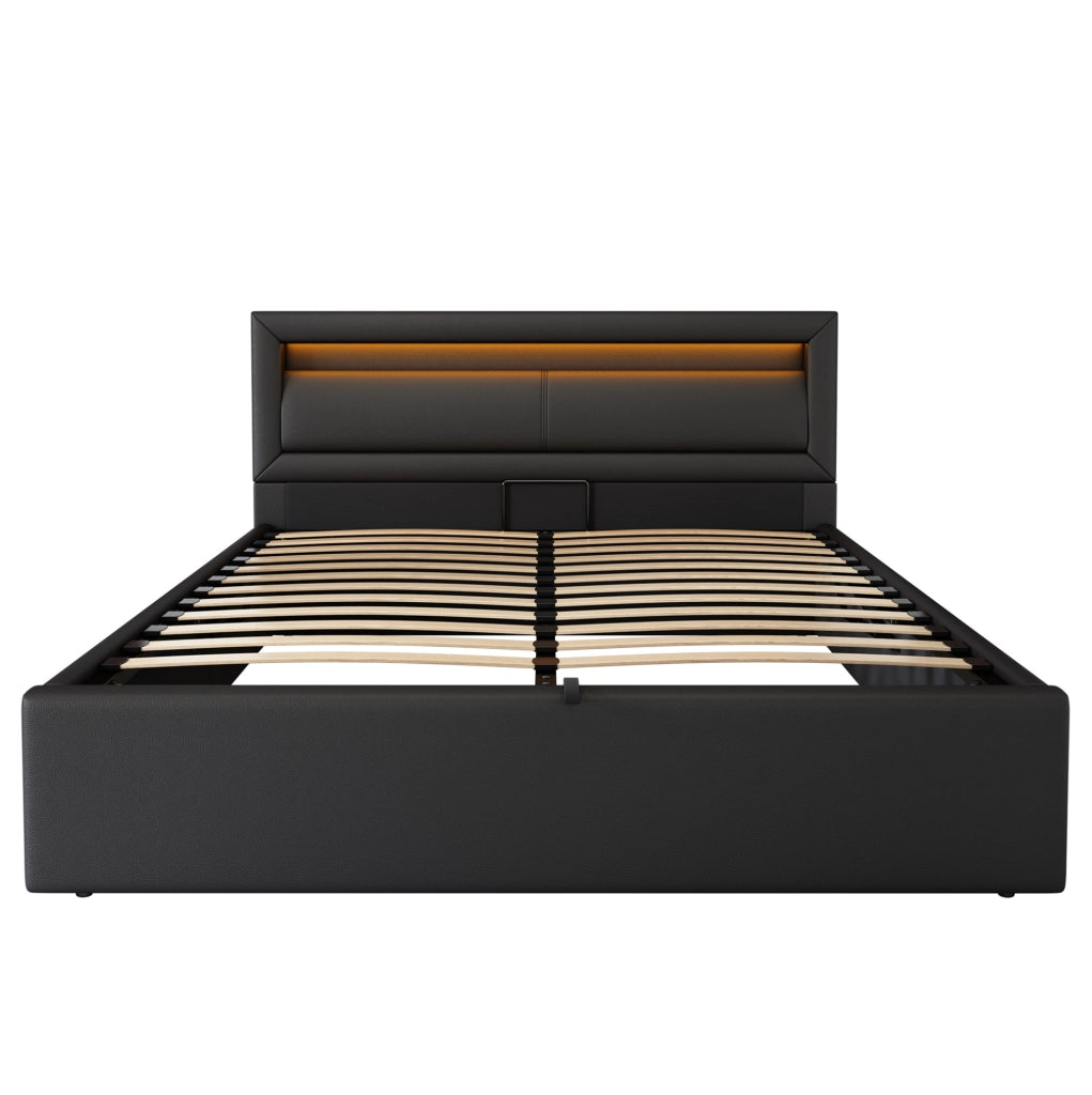 Letto imbottito con contenitore e LED 140x190 cm; testiera 80 cm; rete a doghe inclusa; PU nero