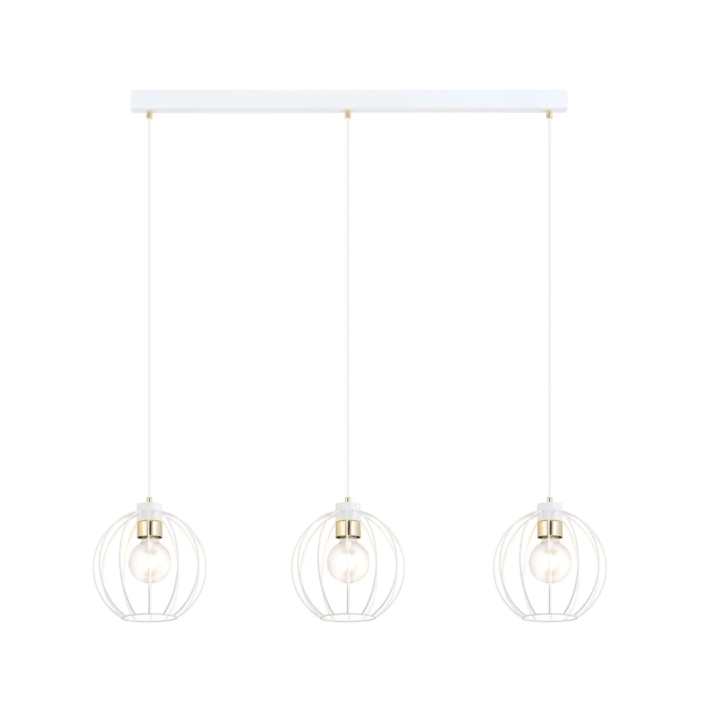 Sospensione Industrial 3 Luci Polluce In Acciaio Bianco A Paralumi Gabbia Con Oro