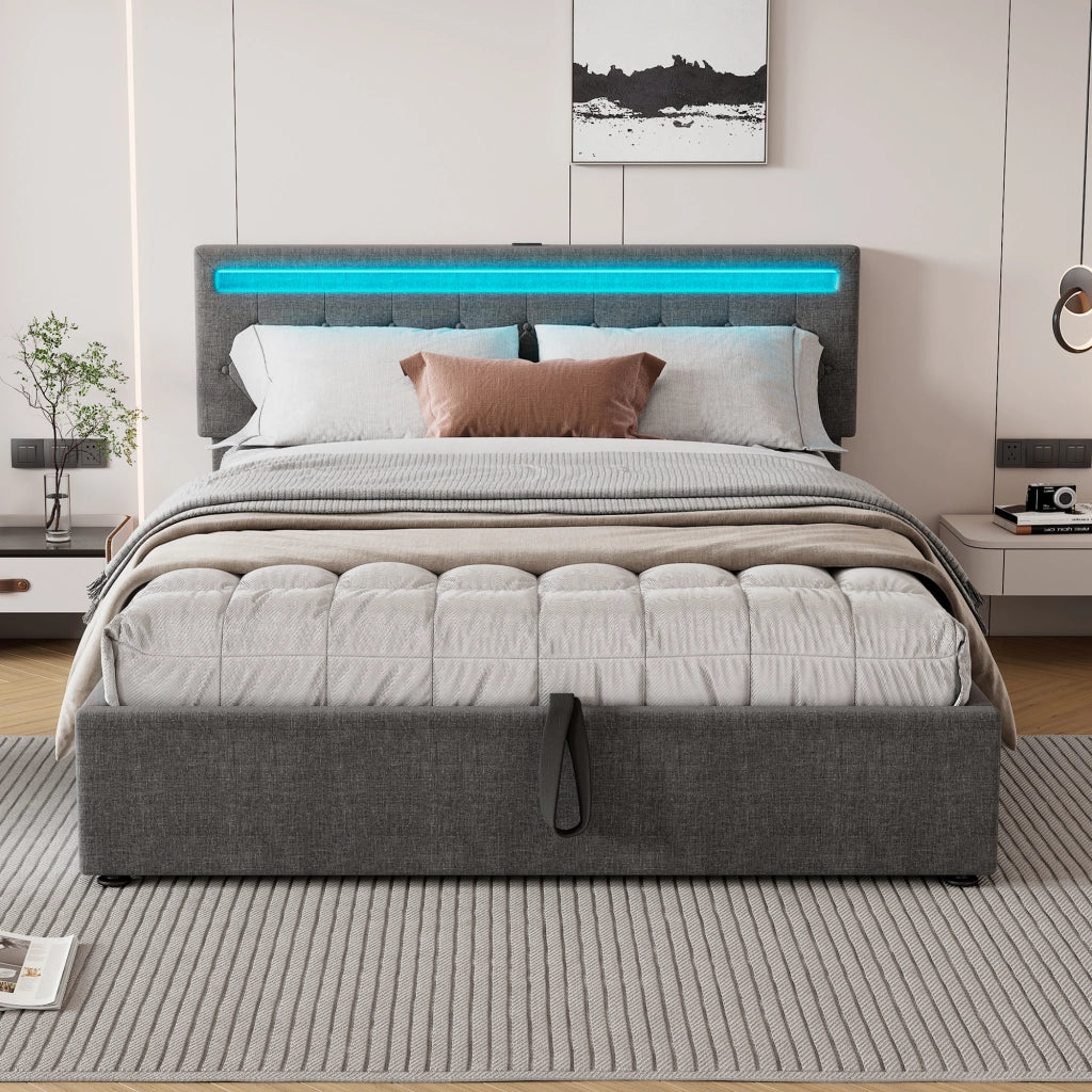 Letto imbottito matrimoniale 160 × 200 cm con contenitore sollevabile, led regolabile, usb e tipo-c, senza materasso, grigio