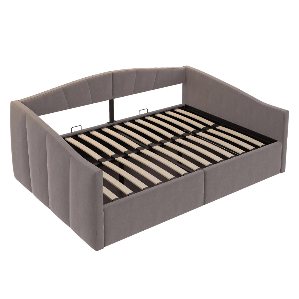 Letto imbottito / divano letto con sollevamento idraulico, contenitore salvaspazio, rete a doghe, tessuto in velluto grigio, 140x200 cm