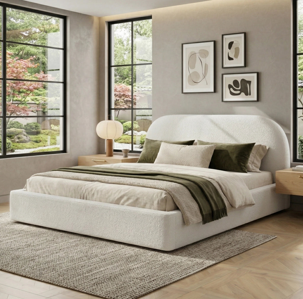 Letto imbottito 160x200 cm con contenitore idraulico e testiera bouclé beige