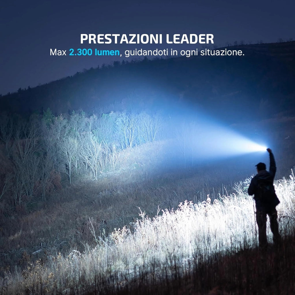 Warrior 3S Potente Torcia Max 2,300 Lumen, 300 Metri, 6 Uscite, 130 ore di Funzionamento Torcia con Doppio Interruttore a Led per Esterni, Forze Dell'ordine (Nero)